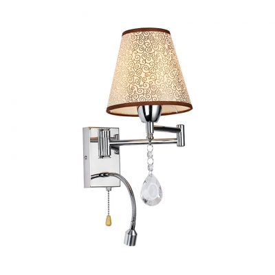 Bedroom Tapered Sconce Lighting Fabric Vintage Style Chrome Wall Mount Light with Clear Crystal