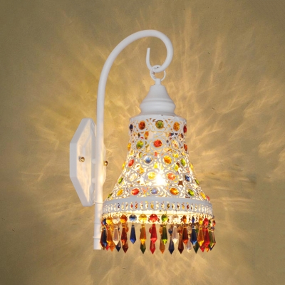 Bell Kitchen Sconce Light Metal Single Light Vintage Wall with Colorful Crystal Lamp in White