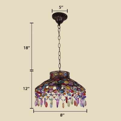 Bowl Bedroom Pendant Lighting with Colorful Crystal Beads 1 Light Vintage Hanging Light