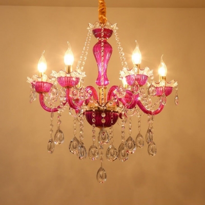 Candle Bedroom Chandelier Clear Crystal 6 Lights Kids Pendant Light with 12