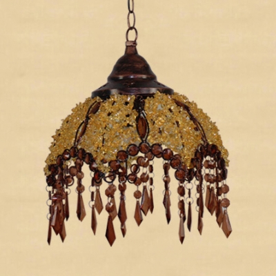 Domed Suspended Light 1/3 Lights Antique Yellow and Brown Crystal Hanging Lamp for Dinging Room