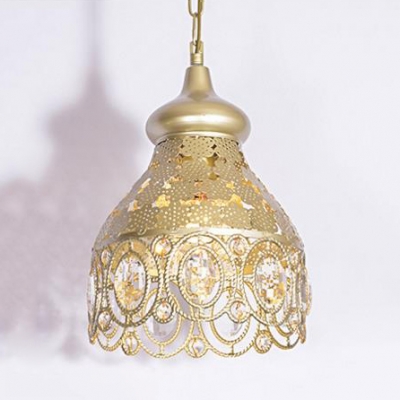 Gold Hollow-Out Pendant Light Modern Metal Light Fixture with Clear Crystal for Living Room