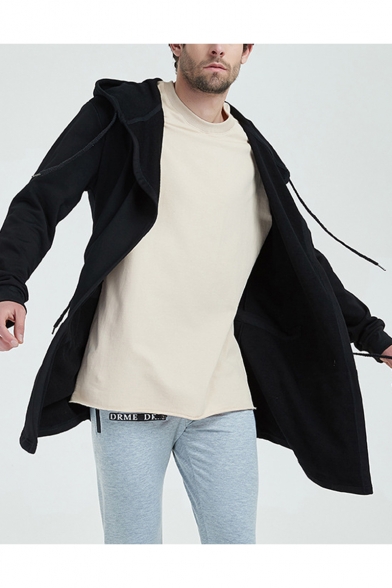 Mens Cotton Drawstring Hooded Solid Color Long Sleeve Casual Sport Longline Cardigan Coat
