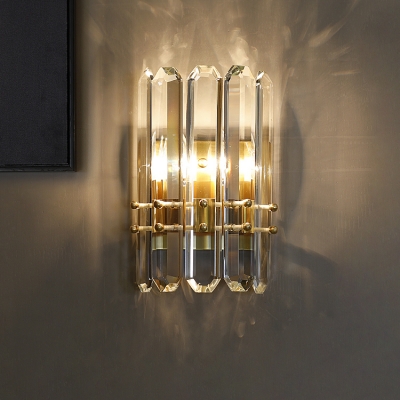 Modern Chrome Wall Lamp with Cylinder Shape and Clear Crystal 2 Lights Metal Wall Sconce