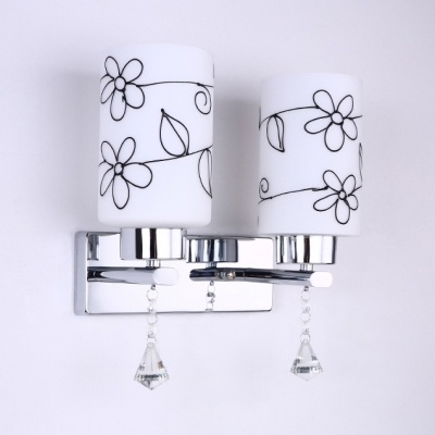 Modern Style Cylinder Wall Mounted Light Fixture Frosted Glass Sconce Lighting with Clear Crystal