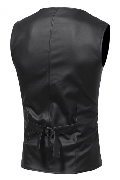 New Stylish Solid Color Buckle Back Button Down Slim Fit PU Suit Vest for Men