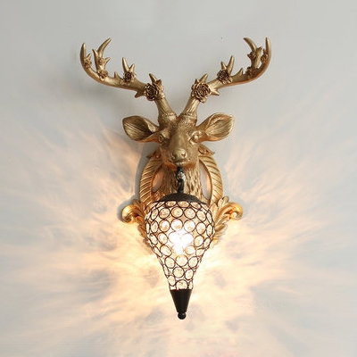 Teardrop Sconce Living Room 1 Light Rustic Wall Light with Clear Crystal and Elk Decoration