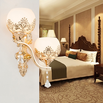 White Glass Orb Wall Lamp 2-Light Antique Style Sconce Light with Clear Crystal, L:12.5in W:6in H:11in