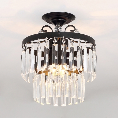 3/5 Lights 2 Tiers Semi Flush Mount Lighting Vintage Style Clear Crystal Ceiling Light Fixture in Black/Gold