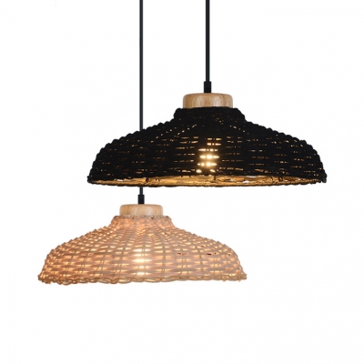 Beige/Black Barn Shade Drop Light in Simple Style 1 Light Rattan Hanging Lamp for Dining Room