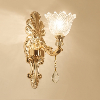Antique Style Floral Sconce Lighting Glass 1/2 Lights Wall Mount Light with Clear Crystal Decoration for Hallway