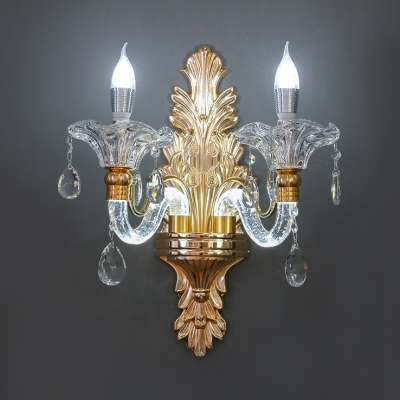 Candle Wall Mounted Lighting for Bedroom 1/2 Lights Antique Style Glass Sconce Light in Brass with Clear Crystal