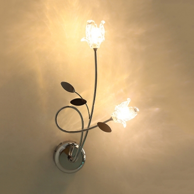 Contemporary Floral Wall Mount Light with Clear Crystal 2 Lights Glass Sconce Lighting in Chrome