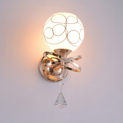 Globe Sconce Light for Bedroom Modern Style White Glass 1/2-Light Wall Lighting with Clear Crystal