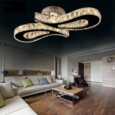 Gold Round Canopy Light Fixture Contemporary Metal LED Semi Flush Light with Clear Crystal for Bedroom