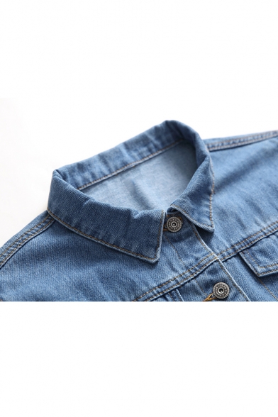 Guys Turn-Down Collar Long Sleeve Solid Color Loose Casual Button Down Work Jacket Denim Jacket