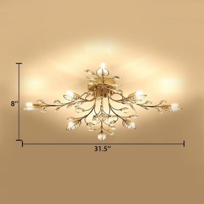 Metal Leaf Design Semi Flush Light Multi Lights Modern Style Ceiling Lighting in Gold with Clear Crystal