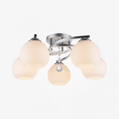 Modern Style White Glass Semi Flush Light with Globe Shade 3/5 Lights Ceiling Lighting with Clear Crystal
