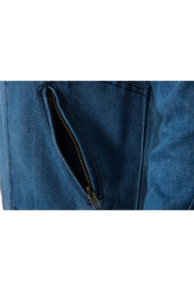 New Trendy Men's Patched Drawstring Hooded Plain Long Sleeve Slim Zip Up Blue Denim Jacket