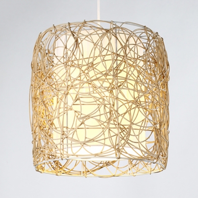 Pastoral Drum Pendant Lighting Rattan 1 Light Beige Hanging Lamp for Corridor