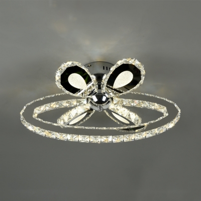 Ring Semi Flush Mount Lighting Modern Metal LED Ceiling Lamp with Clear Crystal Bead in Chrome