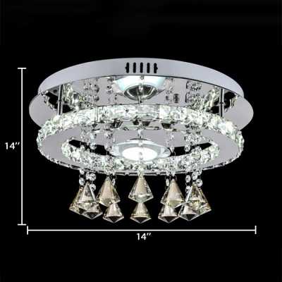Single Light Round Semi Flush Light Modern Metal LED Hanging Light with Clear Crystal in Chrome