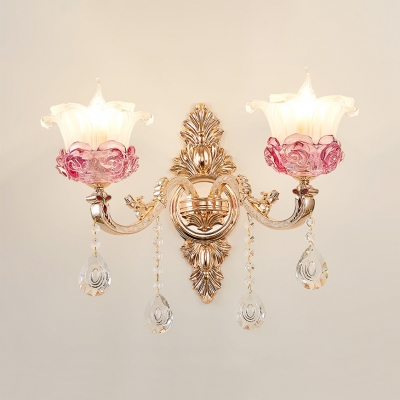 Traditional Flower Sconce Light 1/2 Lights Clear Crystal Wall Lamp in Gold for Bedroom