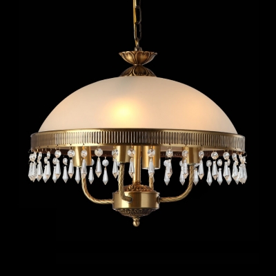 Vintage Brass Hanging Pendant with Domed Shape 4 Lights Glass Hanging Lights for Living Room