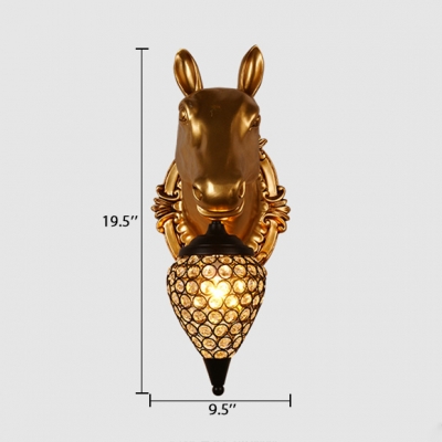 Antique Gold Sconce with Deer/Horse Decoration 1 Light Clear Crystal Wall Light for Living Room