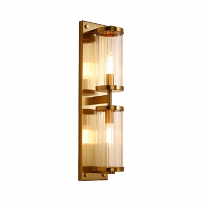 Brass Cylinder Wall Light 2 Lights Metal Wall Lamp with Clear Crystal for Bathroom