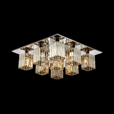 Clear Crystal Rectangle Semi Flush Mount Lighting 4/6/9 Lights Modern Style Ceiling Light