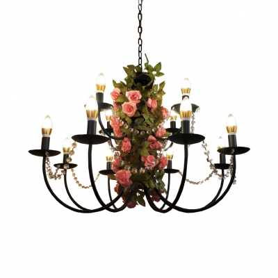 Colonial Candle Chandelier with Rose and Crystal Multi Light Suspended Light in Black with 19.5