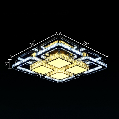 Living Room Square Ceiling Fixture Modern Chrome LED Semi Flush Mount Light with Clear Crystal