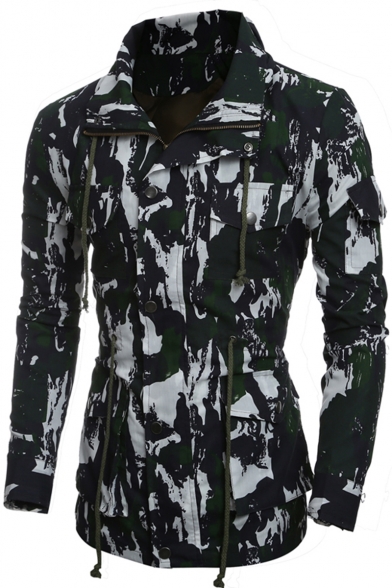 Men's Casual Unique Camouflage Printed Concealed Zip Closure with Press-Stud Placket Multi-Pockets Drawstring Waist Slim Work Jacket