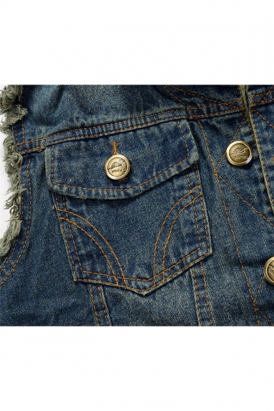 New Trendy Destroyed Frayed Hem Ripped Button Closure Sleeveless Blue Denim Vest Jacket