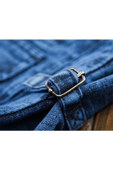 Trendy Cool Snow Washed V-Neck Zip Closure Multi-Pocket Blue Denim Vest for Men