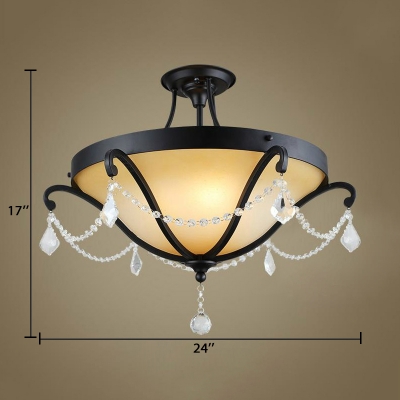 Vintage Bowl Flush Light/Semi-Flush Light 3/5 Lights Metal Ceiling Lamp with Clear Crystal in Black for Bedroom