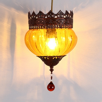 Vintage Light Fixture with Melon Shade and Crystal Glass Hanging Light for Living Room