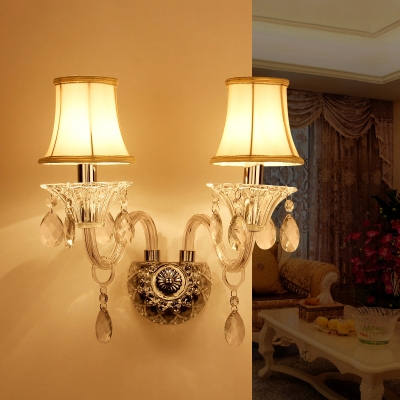 Vintage Style Flared Wall Mounted Light with Clear Crystal Fabric Sconce Lighting in White