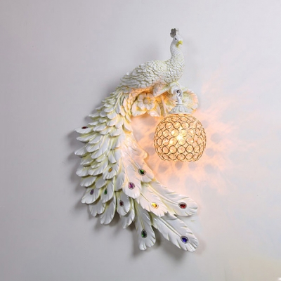 1 Light Peacock Sconce Light Vintage Clear Crystal Wall Light in White/Yellow/Green