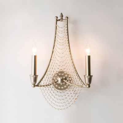 2/3 Lights Candle Wall Lamp with Clear Crystal Vintage Style Iron Sconce Lighting in Antique Brass