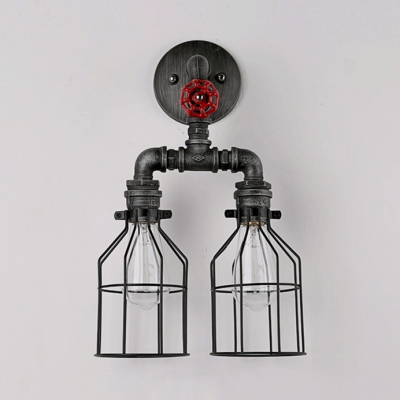 2 Lights Caged Wall Lamp Antique Metal Sconce Wall Light in Silver for Living Room