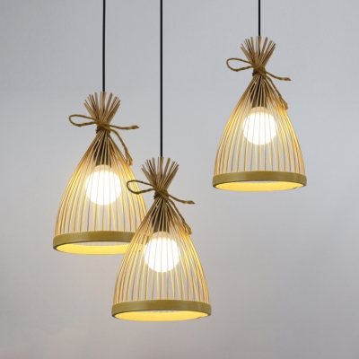 3 Lights Tapered Ceiling Pendant Asian Woven Hanging Ceiling Light