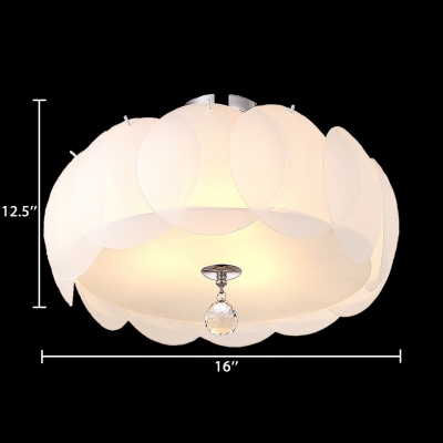 4/5 Lights Drum Semi Flush Mount Lighting Contemporary Style Milk Glass Ceiling Light with Clear Crystal Decoration