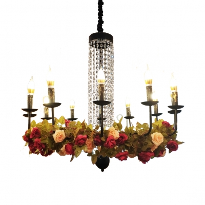 5/8/12 Lights Candle Pendant Lighting with Flower and Crystal Decoration Colonial Chandelier Light in Black