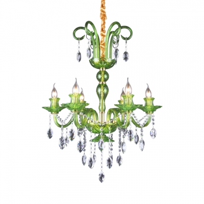 Traditional Candle Chandelier 6 Lights Clear Crystal Pendant Light with Adjustable Cord in Orange/Green