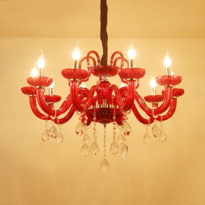 Vintage Candle Chandelier with Adjustable Cord Clear Crystal 10 Lights Red Pendant Lights for Bedroom
