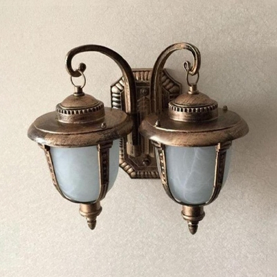 2 Lights Lantern Wall Lamp with White Glass Vintage Waterproof Wall Sconce for Patio in Antique Bronze