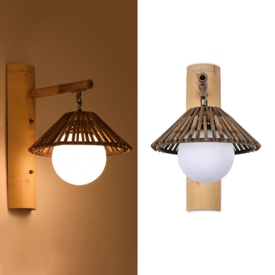Bamboo Stick Tapered Wall Sconce with White Globe Shade Country Style 1 Light Wall Lamp in Wood