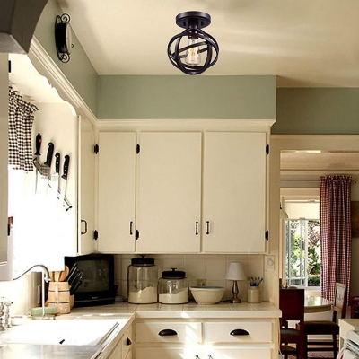 Black Orb Semi Flush Light Vintage 1 Light Metal Ceiling Lighting Fixture for Kitchen